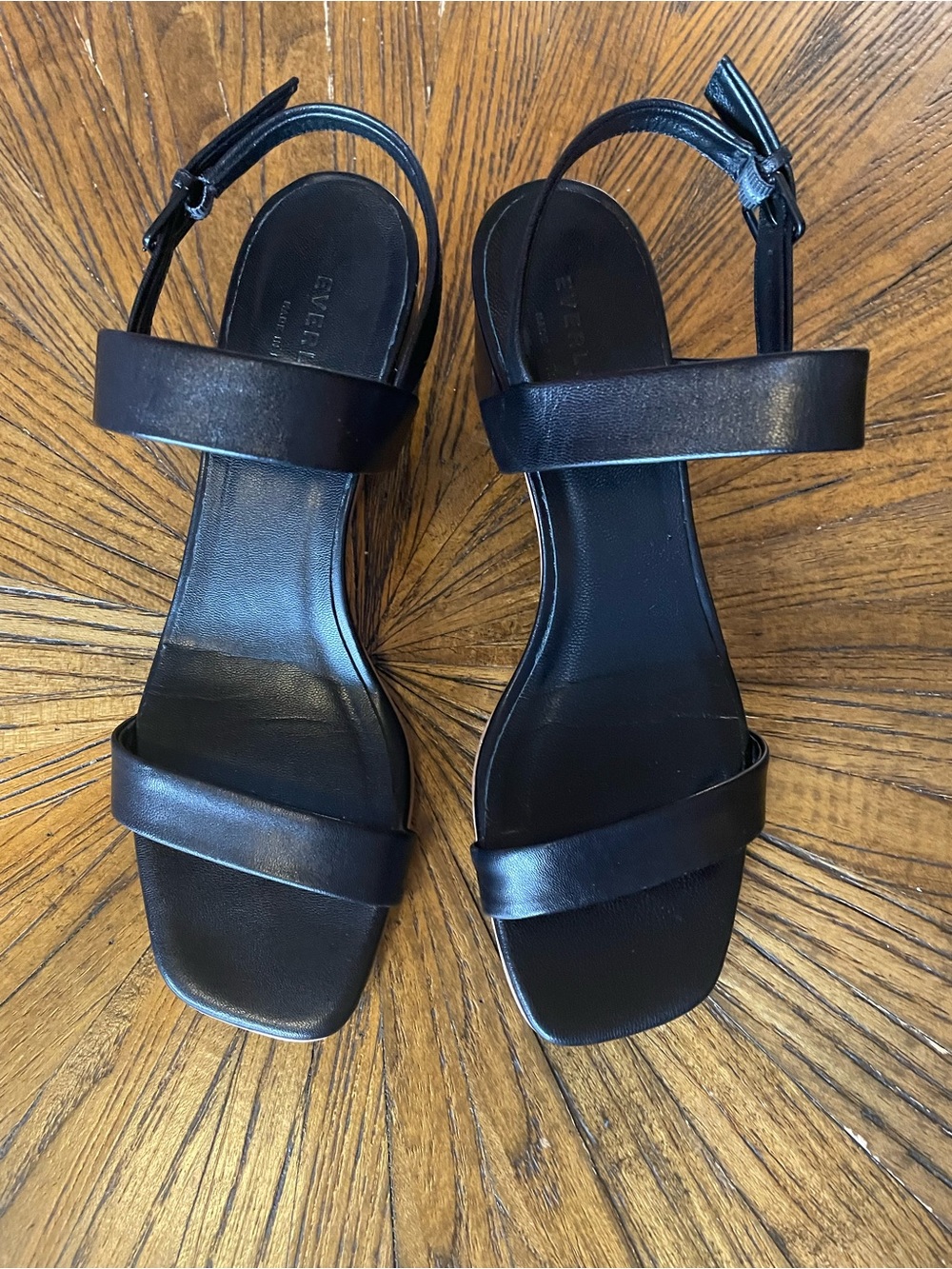 Everlane Made in Italy Black Leather Two-Strap Slingback Sandals